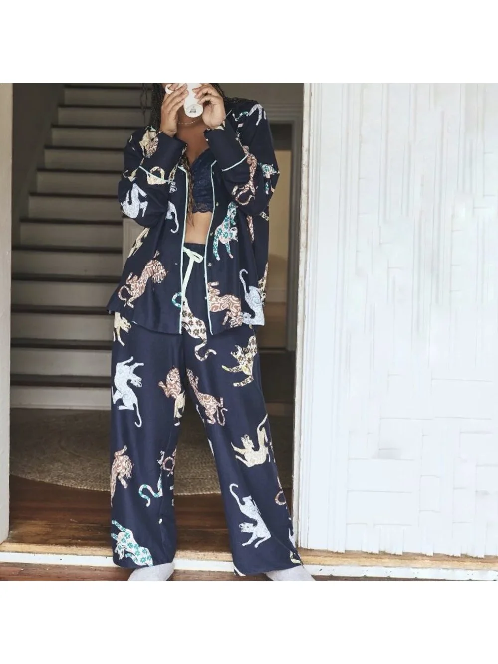 Anthropologie Navy Blue Leopard Print Flannel Pajama Set Shirt Pants Women’s XS